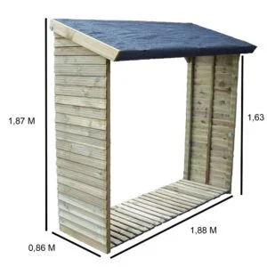 Abri range-bûches mural autoclavé 2 stères couverture bitumée / dimensions : 188 x 86/65 x 187/163 cm . Garantie 5 ans