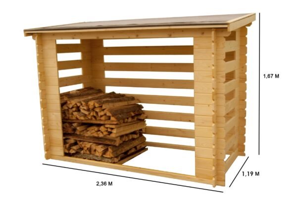 Abri range bûches fermé et esthétique avec structure madriers grand volume 4 stères de bois couverture bitumée / dimensions extérieures : L 236 x l 119 x H 167 cm. Garantie 4 ans