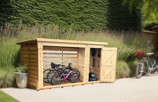 Abri bûcher mono pente Madriers bois massif sans plancher / dimensions extérieures : L 329 x l 122 x H 195 cm. Garantie 4 ans.