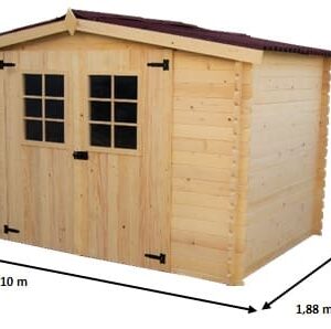 Abri Madriers bois massif avec grande façade 3 m fourni avec un joint d'étanchéité pour éviter les infiltrations d'eau par le sol / surface extérieure : 5,83 m2. Garantie 4 ans.