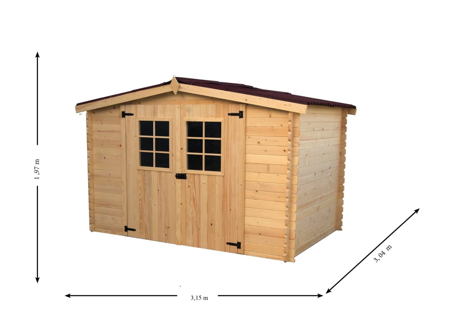 Abri Madriers bois massif / surface extérieure : 9,57 m2. Garantie 4 ans.