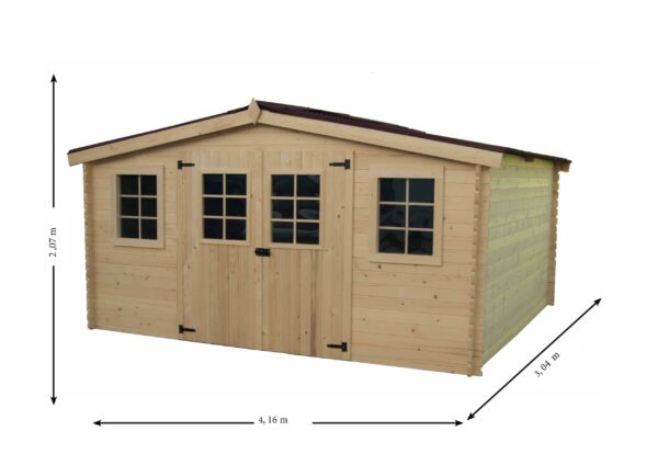 Abri Madriers bois massif grande façade 4 m / surface extérieure : 12,65 m2. Garantie 4 ans.
