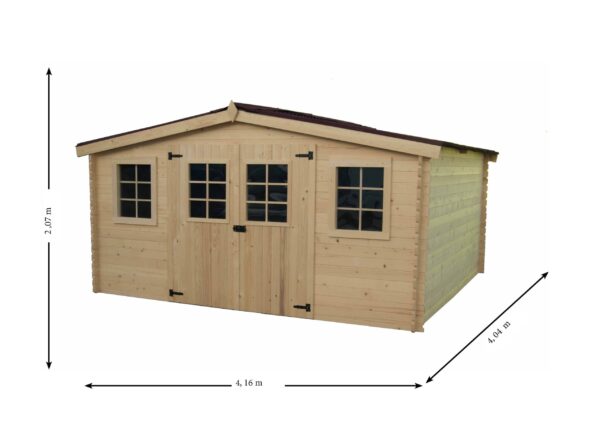 Abri Madriers bois massif grande façade 4 m / surface extérieure : 16,81 m2. Garantie 4 ans.