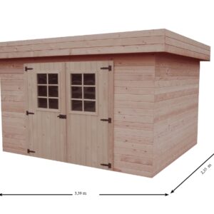 KMP 3424.02 J Abri Madriers bois massif toit plat avec bac acier fourni avec un joint d'étanchéité pour éviter les infiltrations d'eau par le sol / 28 mm / surface extérieure : 7,97 m2 / toiture mono pente en tôle bac acier / Fabriqué en EUROPE / Garantie 4 ans.