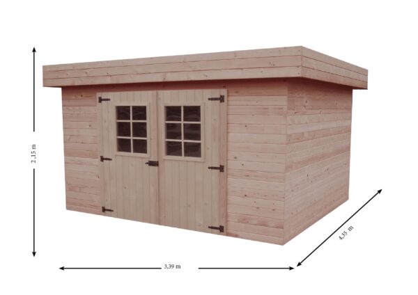 KMP 3444.02 Abri Madriers bois massif toit plat avec bac acier / 28 mm / surface extérieure : 14,75 m2 / toiture mono pente en tôle bac acier / Fabriqué en EUROPE / Garantie : 4 ans