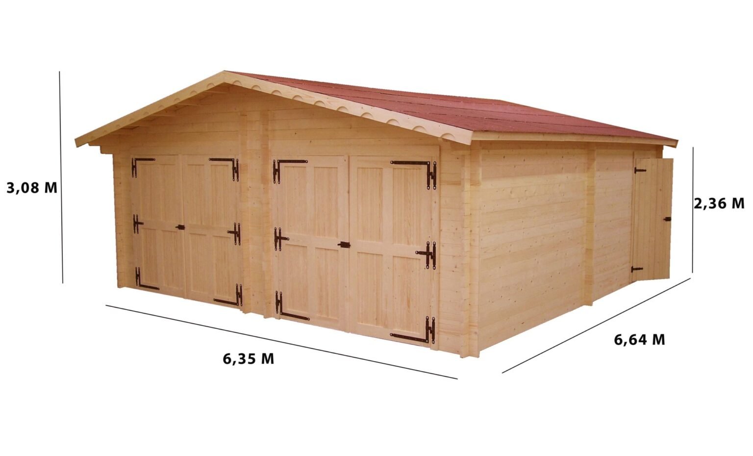 VN 6262 Garage double Madriers bois massif double rainurage / 60 mm / surface extérieure : 42,16 m2 / Fabriqué en EUROPE / Garantie 4 ans
