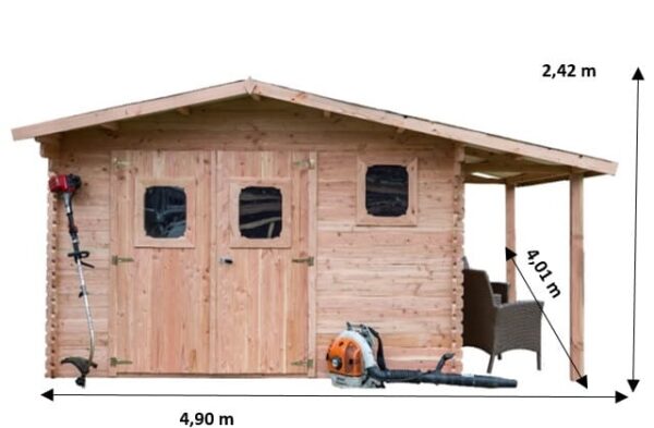 DOM 3535.02 B Abri Madriers avec bûcher fabriqué en douglas massif bois Français naturellement durable / Surface extérieure : 15,28 m2 / Fabriqué en France / Garantie 5 ans.