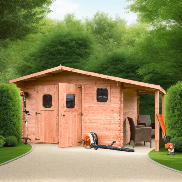 DOM 3535.02 B Abri Madriers avec bûcher fabriqué en douglas massif bois Français naturellement durable / Surface extérieure : 15,28 m2 / Fabriqué en France / Garantie 5 ans.
