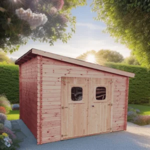 DAN 3030.02 Abri Madriers fabriqué en douglas massif bois Français naturellement durable / Surface extérieure : 9,86 m2 / Fabriqué en France / Garantie 5 ans.