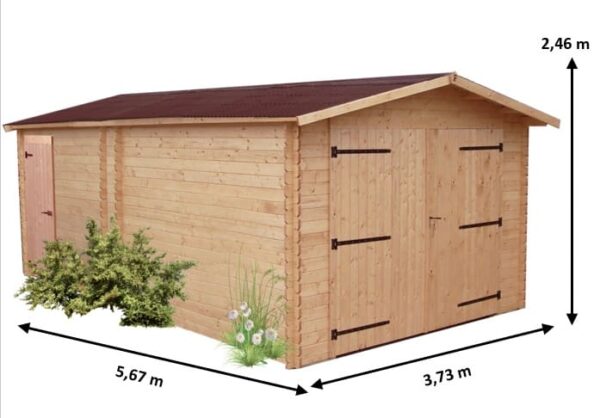 DE 3554 N Garage madriers fabriqué en douglas massif bois Français naturellement durable / Surface extérieure : 21,15 m2 / Fabriqué en France / Garantie 5 ans.