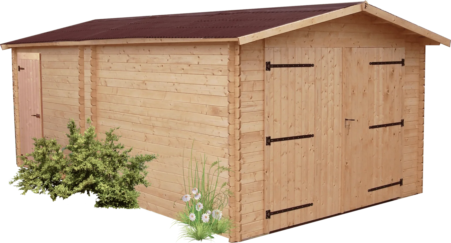 DE 3554 N Garage madriers fabriqué en douglas massif bois Français naturellement durable / Surface extérieure : 21,15 m2 / Fabriqué en France / Garantie 5 ans.