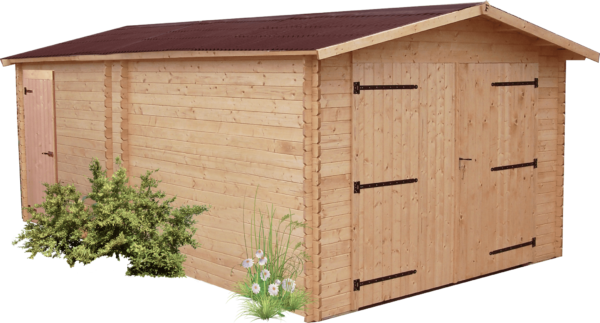 DE 3554 N Garage madriers fabriqué en douglas massif bois Français naturellement durable / Surface extérieure : 21,15 m2 / Fabriqué en France / Garantie 5 ans.