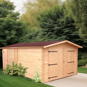 DE 3554 N Garage madriers fabriqué en douglas massif bois Français naturellement durable / Surface extérieure : 21,15 m2 / Fabriqué en France / Garantie 5 ans.