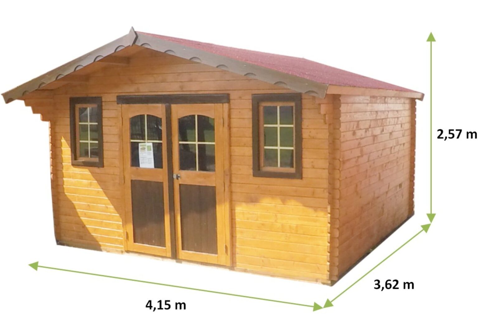 Abri Madriers bois épicéa massif / surface extérieure : 15,02 m2 Garantie 4 ans