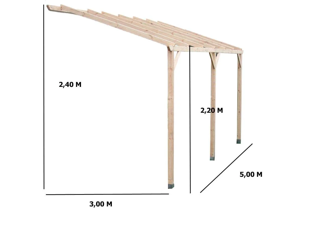 Carport mural pergola adossable autoclavé mural mono pente sans couverture / surface extérieure : 15,00 m2