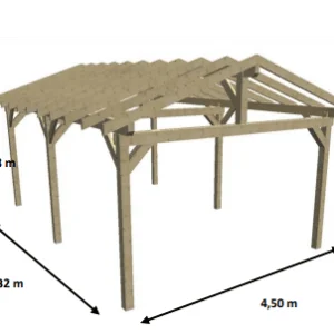 KA 4563 ST Carport double pente avec préparation pour couverture tuile / surface extérieure : 22,85 m2 / Fabriqué en France / Garantie : 4 ans