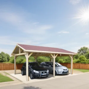KA 4563 BM Carport double pente avec couverture bardeau bitumé en rouleau / surface extérieure : 22,85 m2 / Fabriqué en France / Garantie : 4 ans