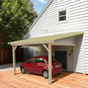 Carport monopente mural avec préparation pour couverture légère / surface extérieure : 10,86 m2 / Fabriqué en France