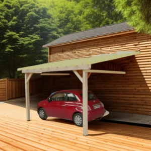 Carport monopente mural avec préparation pour couverture légère / surface extérieure : 10,86 m2 / Fabriqué en France