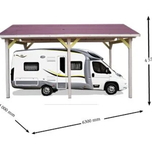 Carport double pente 30° CAMPING-CAR hauteur passage 3,34 m / surface extérieure : 21,00 m2