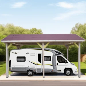 Carport bois 21M2 double pente 30° CAMPING-CAR hauteur passage 3,34 m / surface extérieure : 21,00 m2