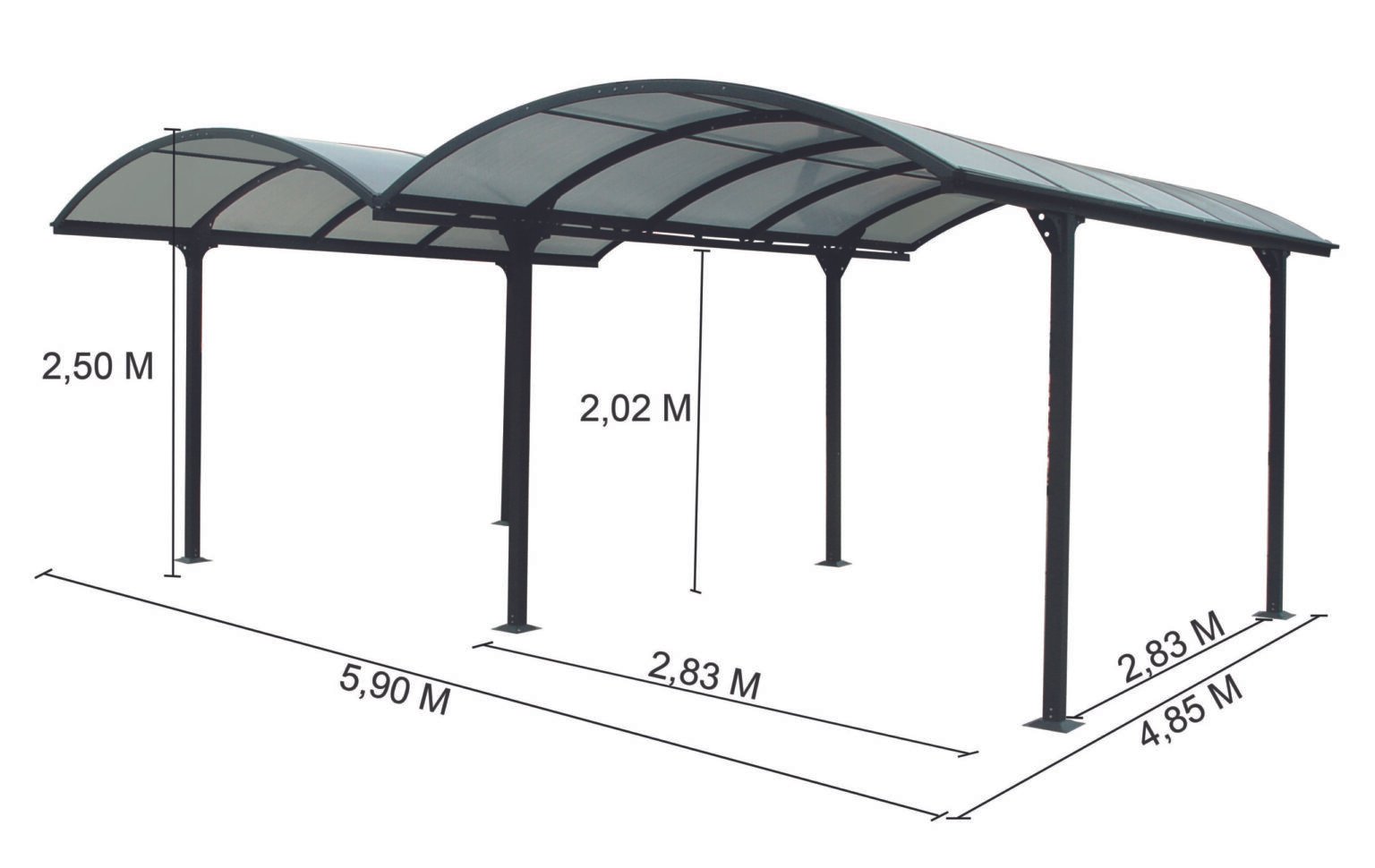 Double Carport ALUMINIUM toit 1/2 rond coloris gris anthracite / surface extérieure : 28,62 m2