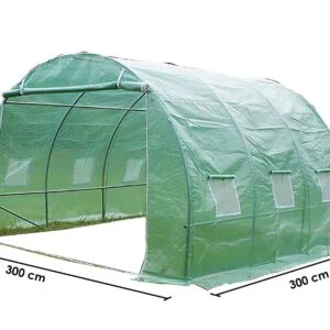 SRA 3030 PE Serre jardin tunnel structure métal 3x3 M / polyéthylène vert renforcé 140 gr/m2 / 9 m2 / 1 porte amovible / Garantie : structure 2 ans bâche 1 an