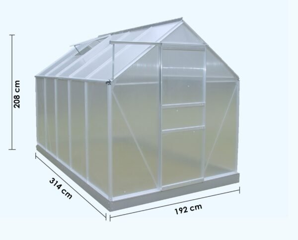 SR 1931J Serre jardin structure aluminium / polycarbonate 4 mm / 6,03 m2 / avec base / 2 fenêtres de toit / Garantie : 5 ans contre une déformation de la structure 2 ans sur le polycarbonate