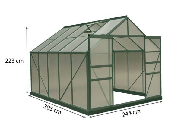 SR 3024J Serre jardin structure aluminium couleur verte / polycarbonate 4 mm / 7,44 m2 / Garantie : 5 ans contre une déformation de la structure 2 ans sur le polycarbonate