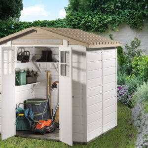 EVO 200 Abri résine grosse épaisseur 20 mm toit bi-pente / dimensions hors tout 181 x 220 cm / livré avec plancher dalle en composite épaisse 4 cm / bicolore / Fabriqué en Italie / Garantie 5 ans de la structure