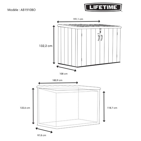 Coffre de jardin résine PEHD toit incliné imitation bois grand volume / capacité 2,72 m3