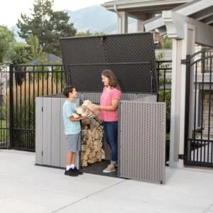 Coffre de jardin résine PEHD toit incliné imitation bois grand volume / capacité 2,72 m3