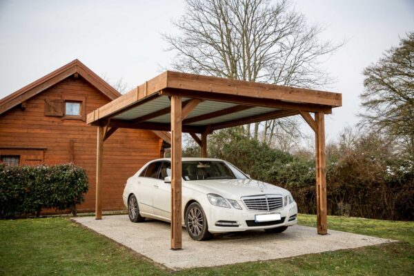 THN 3550 Carport fabriqué en bois massif traité très haute température / Toit plat couverture acier galvanisé / Très belle finition bois / Fabriqué en France / Garantie : 10 ans*