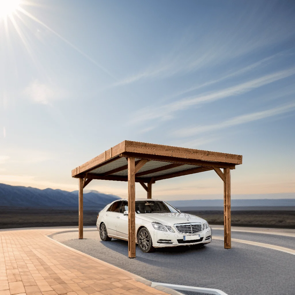 THN 3550 Carport bois 13 m2 fabriqué en bois massif traité très haute température / Toit plat couverture acier galvanisé / Très belle finition bois / Fabriqué en France / Garantie : 10 ans*