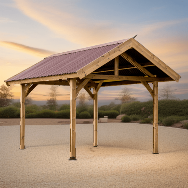 THU 3550 N Carport fabriqué en bois massif traité très haute température / Toit double pente couverture plaques ondulées Onduline / Très belle finition bois / Fabriqué en France / Garantie : structure : 10 ans couverture : 2 ans*