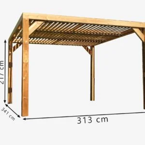 THO 3531 T Pergola fabriquée en bois massif traité très haute température / dimensions 3,41x3,13 m / Livré avec ventelles mobiles / Très belle finition bois / Environnemental et quasiment sans entretien / Fabriqué en France / Garantie : 10 ans*