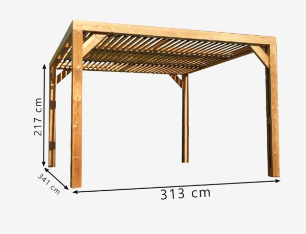 THO 3531 T Pergola fabriquée en bois massif traité très haute température / dimensions 3,41x3,13 m / Livré avec ventelles mobiles / Très belle finition bois / Environnemental et quasiment sans entretien / Fabriqué en France / Garantie : 10 ans*