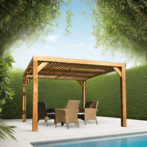 THO 3531 T Pergola fabriquée en bois massif traité très haute température / dimensions 3,41x3,13 m / Livré avec ventelles mobiles / Très belle finition bois / Environnemental et quasiment sans entretien / Fabriqué en France / Garantie : 10 ans*