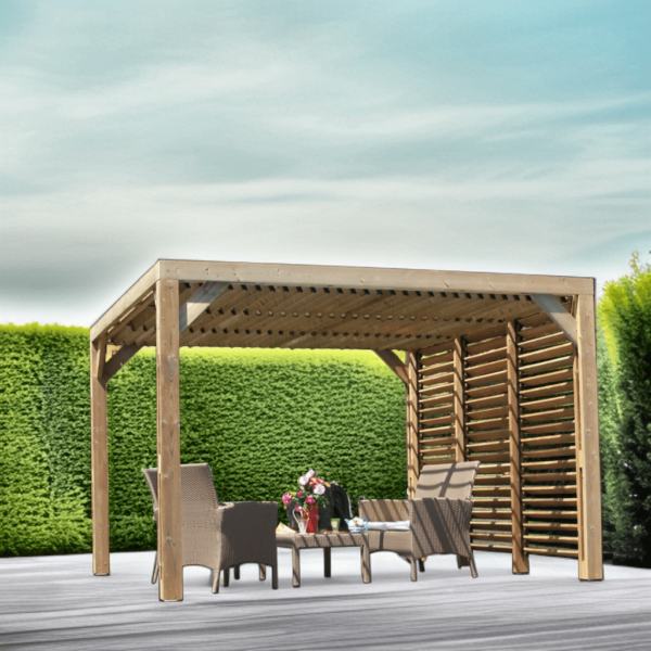 THO 3531 VT Pergola fabriquée en bois massif traité très haute température / dimensions 3,41x3,13 m / Livré avec ventelles mobiles / Très belle finition bois / Environnemental et quasiment sans entretien / Fabriqué en France / Garantie : 10 ans*