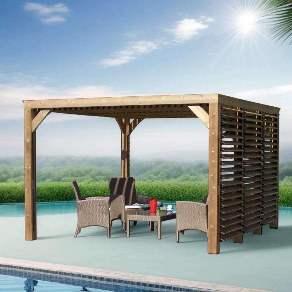 THO 3531 VTI Pergola fabriquée en bois massif traité très haute température visserie inox / dimensions 3,41x3,13 m / Livré avec ventelles mobiles / Très belle finition bois / Environnemental et quasiment sans entretien / Fabriqué en France / Garantie : 10 ans*