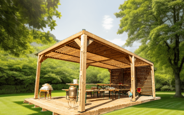 THO 3562 VT Pergola fabriquée en bois massif traité très haute température / dimensions 3,41x6,14 m / Livré avec ventelles mobiles / Très belle finition bois / Environnemental et quasiment sans entretien / Fabriqué en France / Garantie : 10 ans*