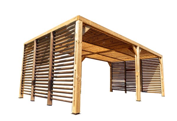 THO 3562 VVT Pergola fabriquée en bois massif traité très haute température / dimensions 3,41x6,14 m / Livré avec ventelles mobiles / Très belle finition bois / Environnemental et quasiment sans entretien / Fabriqué en France / Garantie : 10 ans*