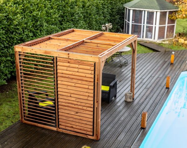 THO 2331 VT Pergola fabriquée en bois massif traité très haute température / dimensions 3,13x2,34 m / Livré avec ventelles mobiles / Très belle finition bois / Environnemental et quasiment sans entretien / Fabriqué en France / Garantie : 10 ans*