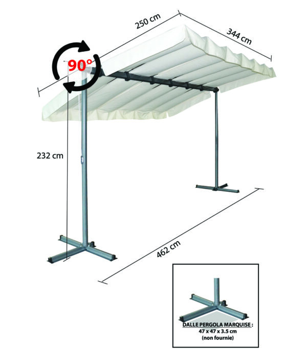 PER 2535 M Pergola marquise 3,60 x 2,50 m finition époxy gris anthracite avec toile pivotante et extensible / Surface de protection : 9 m² / toit en toile polyester 200 gr/m² couleur écru / Garantie : structure 2 ans toile : 1 an*