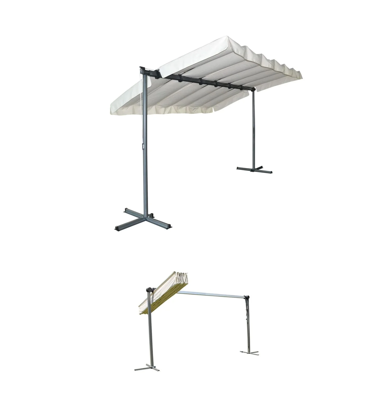 PER 2535 M Pergola marquise 3,60 x 2,50 m finition époxy gris anthracite avec toile pivotante et extensible / Surface de protection : 9 m² / toit en toile polyester 200 gr/m² couleur écru / Garantie : structure 2 ans toile : 1 an*