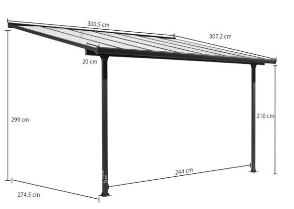 TT 3030 AL Toit terrasse ALUMINIUM coloris gris anthracite / Surface 9,21 m² / toit réalisé avec plaques en POLYCARBONATE ANTI-UV 6 mm / Garantie : structure 5 ans couverture 2 ans