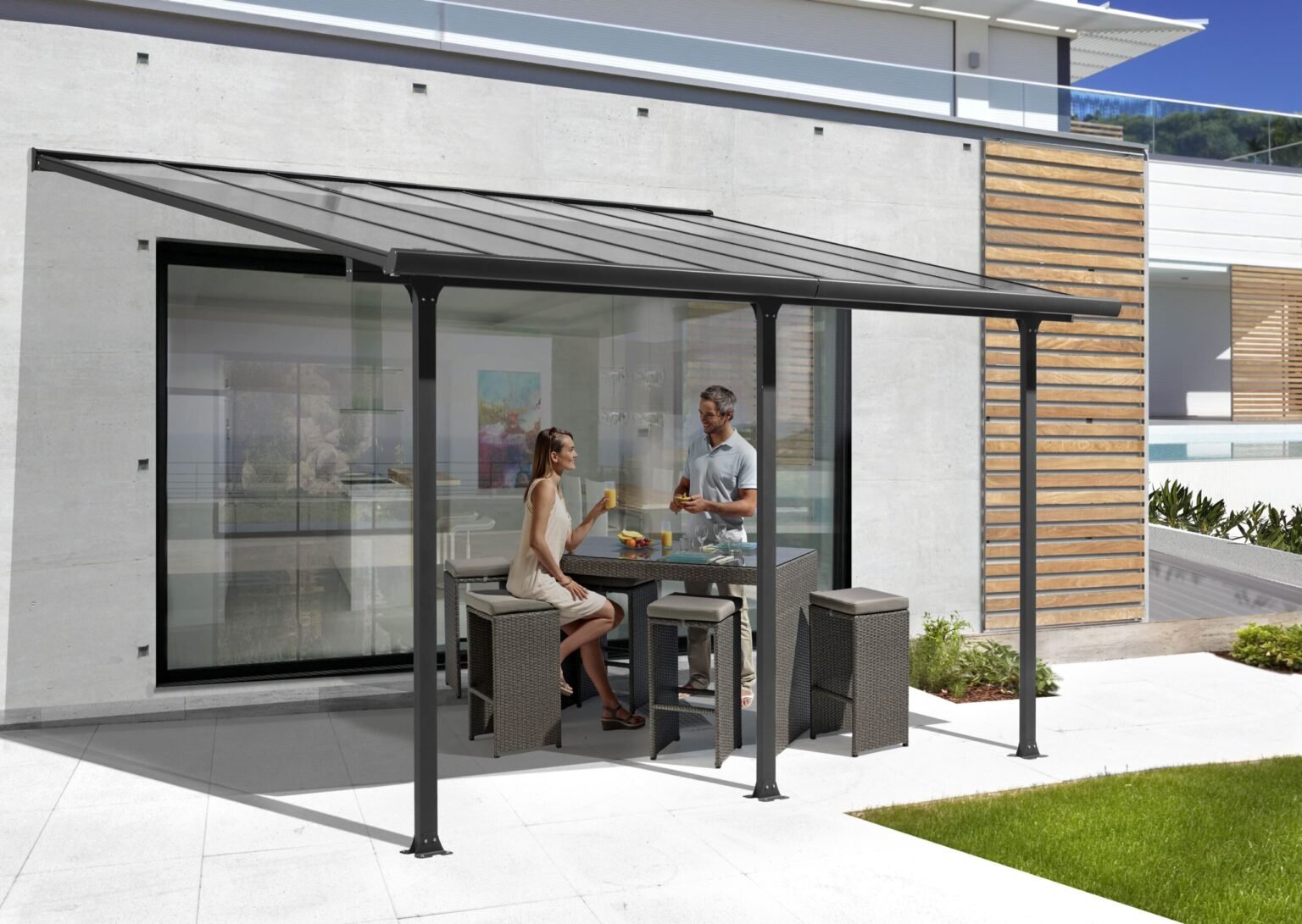 TT 3042 AL Pergola adossée aluminium 4x3M ALUMINIUM coloris gris anthracite / Surface 12,83 m² / toit réalisé avec plaques en POLYCARBONATE ANTI-UV 6 mm / Garantie : structure 5 ans couverture 2 ans*