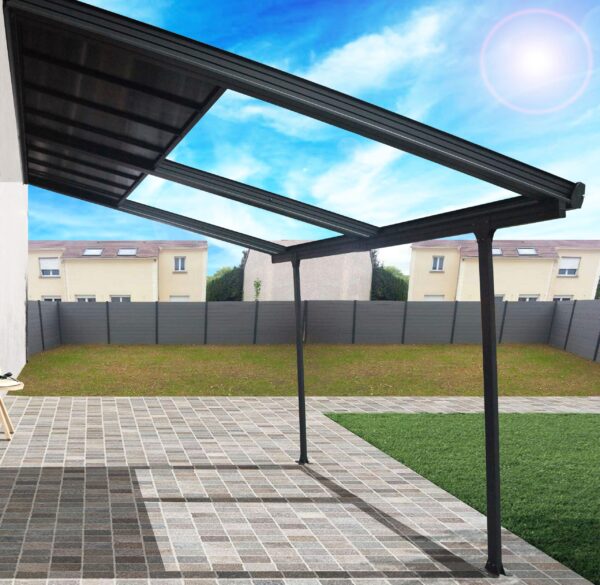 TT 3040 CL Toit terrasse Pergola adossée aluminium 4x3 avec toit amovible coloris gris anthracite / Surface 12,04 m² / toit réalisé avec plaques en POLYCARBONATE ANTI-UV 6 mm / Garantie : structure 5 ans couverture 2 ans*