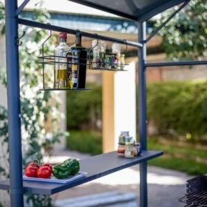 Carport barbecue finition époxy gris anthracite / toit réalisé en acier / pieds à rattrapage de niveau et accessoires barbecue / Garantie : 2 ans