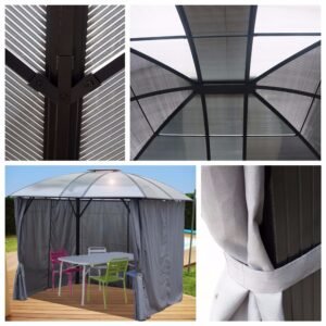 GL 3630 AL Gloriette ALUMINIUM toit 4 pentes coloris gris anthracite / Surface extérieure : 10,80 m² / toit réalisé avec plaques en POLYCARBONATE ANTI-UV 6 mm livrée avec rideaux / Garantie : structure 5 ans couverture : 2 ans rideaux : 1 an*